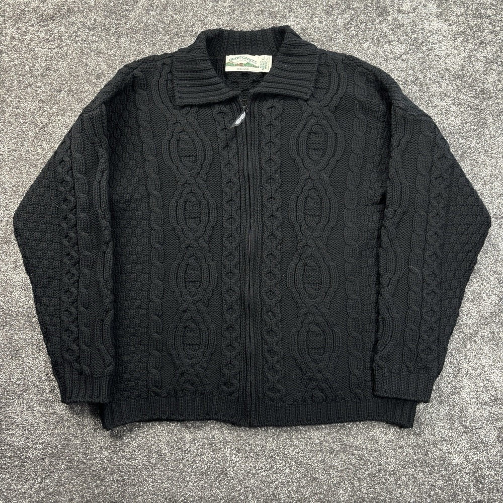 Aran Crafts 100% Merino Wool Cable Knit Cardigan Sweater Size XL Black Full Zip